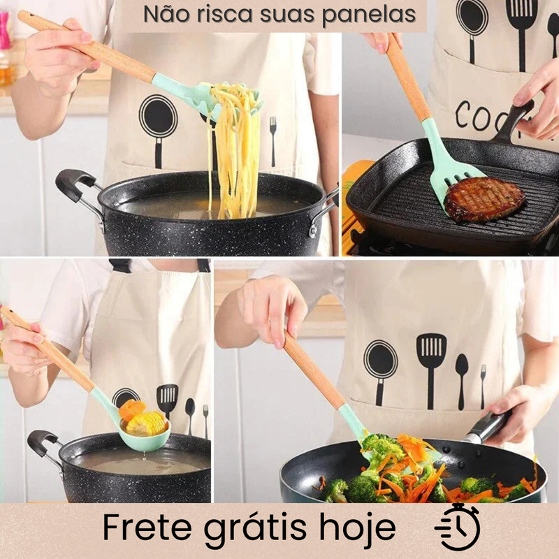 Kit 19 Peças de Utensílios de Cozinha em Silicone com Cabo de Madeira – Larus Home