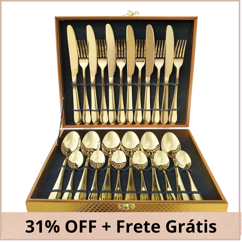 Kit Faqueiro Maleta De Talheres Inox 24 Peças Com Dourado Chique