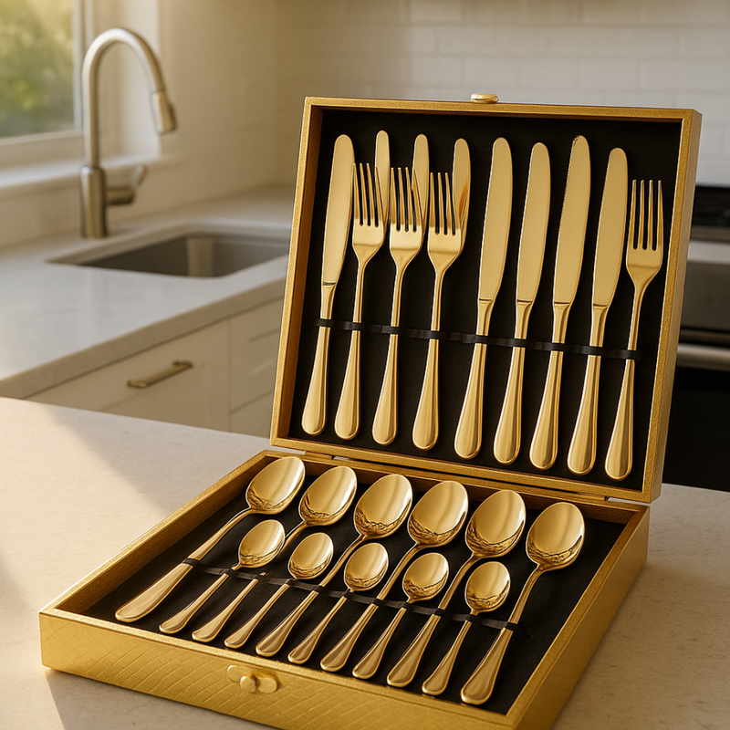 Kit Faqueiro Maleta De Talheres Inox 24 Peças Com Dourado Chique