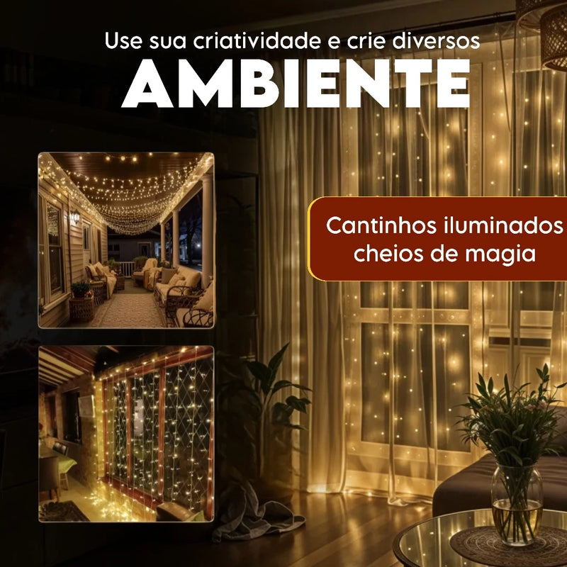 Cortina de Luzes Fadas LED – Pisca-Pisca Decorativo com Controle Remoto 3x3 M