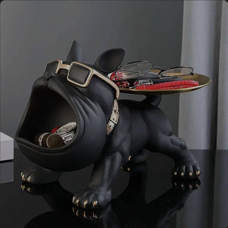 Escultura Decorativa de Cachorro Bulldog com Bandeja